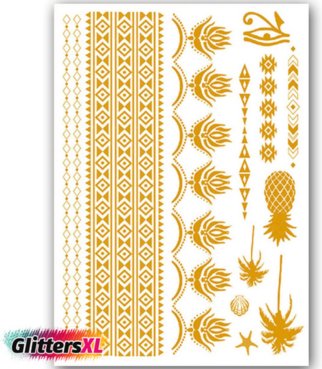 GlittersXL - Temporary Tattoo Goud/Gold (11x6cm) [Neptattoo Ibiza Turquoise - Tijdelijke tatoeage - Nep Fake Tattoos - Water overdraagbare festival sticker henna outfit tattoo - Glitter tattoo - Volwassenen Kinderen Jongen Meisje]